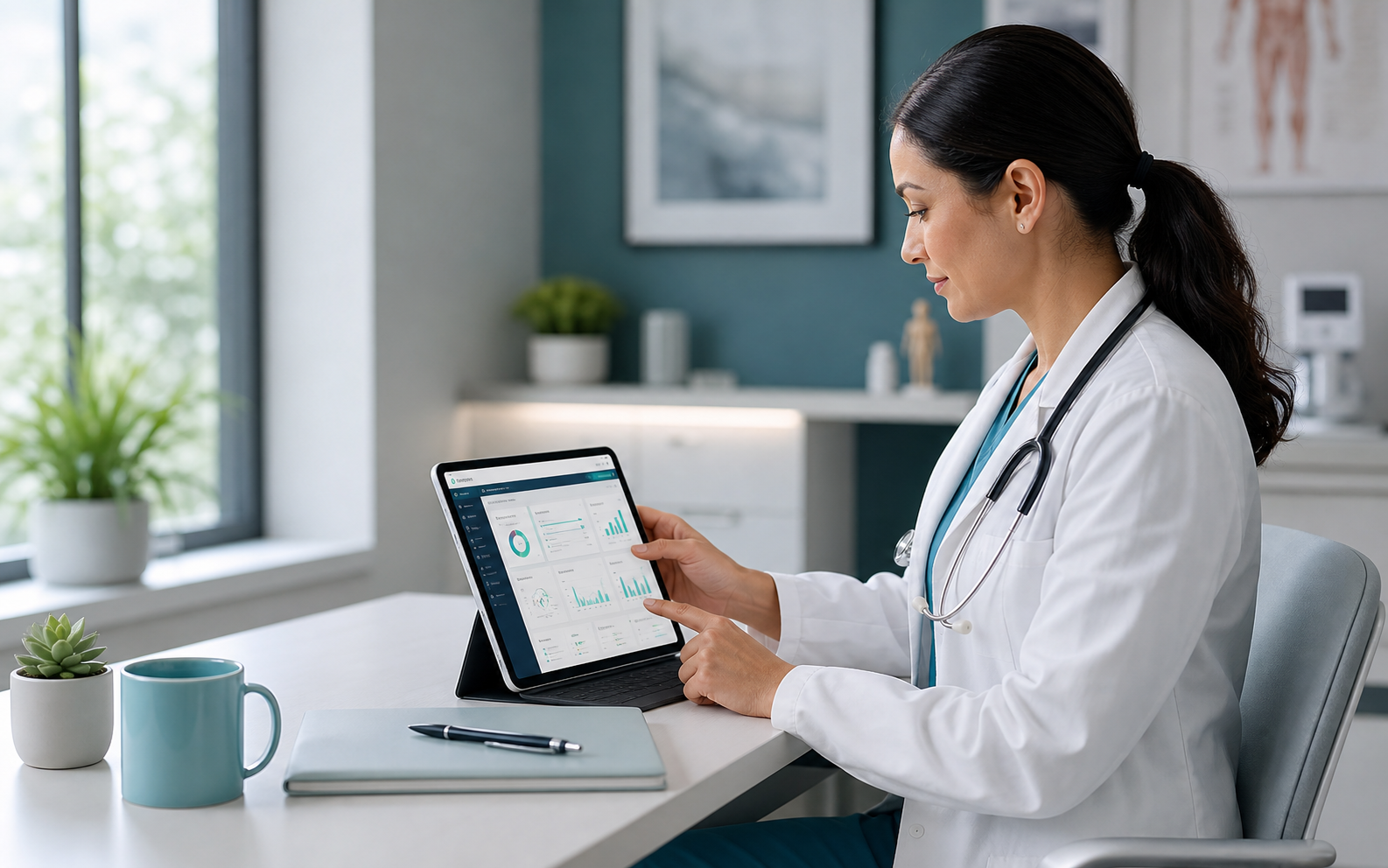 Clinician reviewing clinical revenue workflow on a tablet